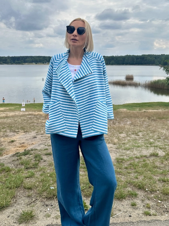 Bawełniane Kimono "Mykonos" z Biało-Niebieskimi Paskami
