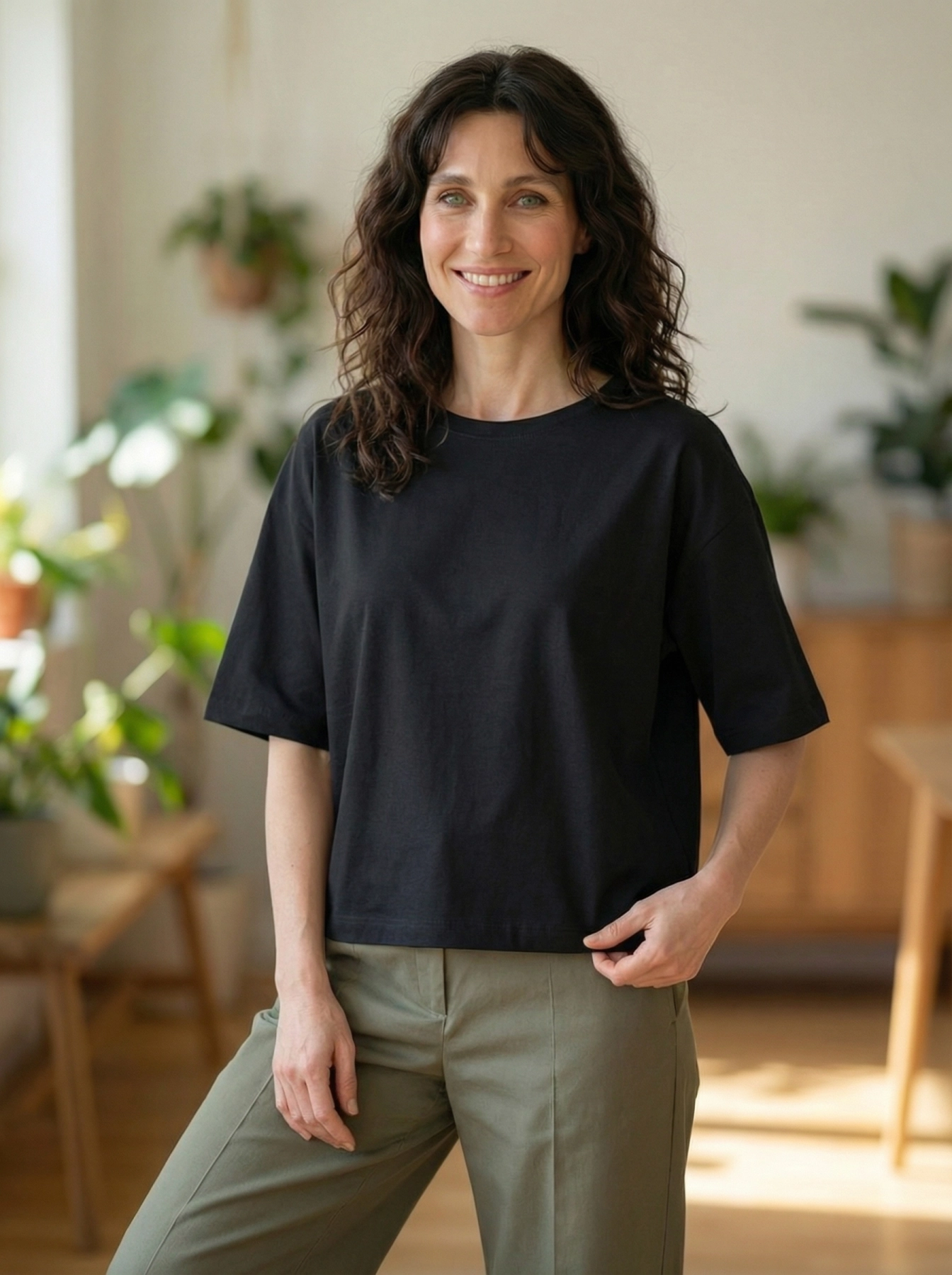 bluzka damska Basic Soft z miękkiej bawełny z elastanem, o luźnym fasonie i krótkim rękawie.