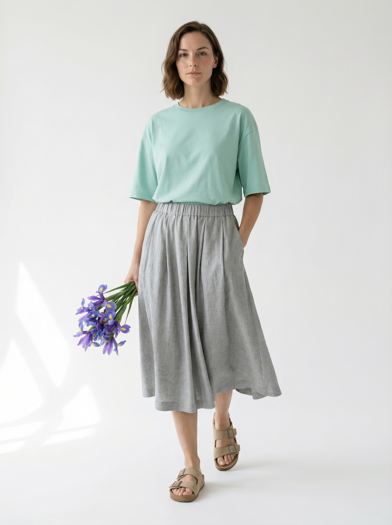 spódnica midi z zakładkami z przodu na gumie, len z wiskozą, minimalistyczny fason