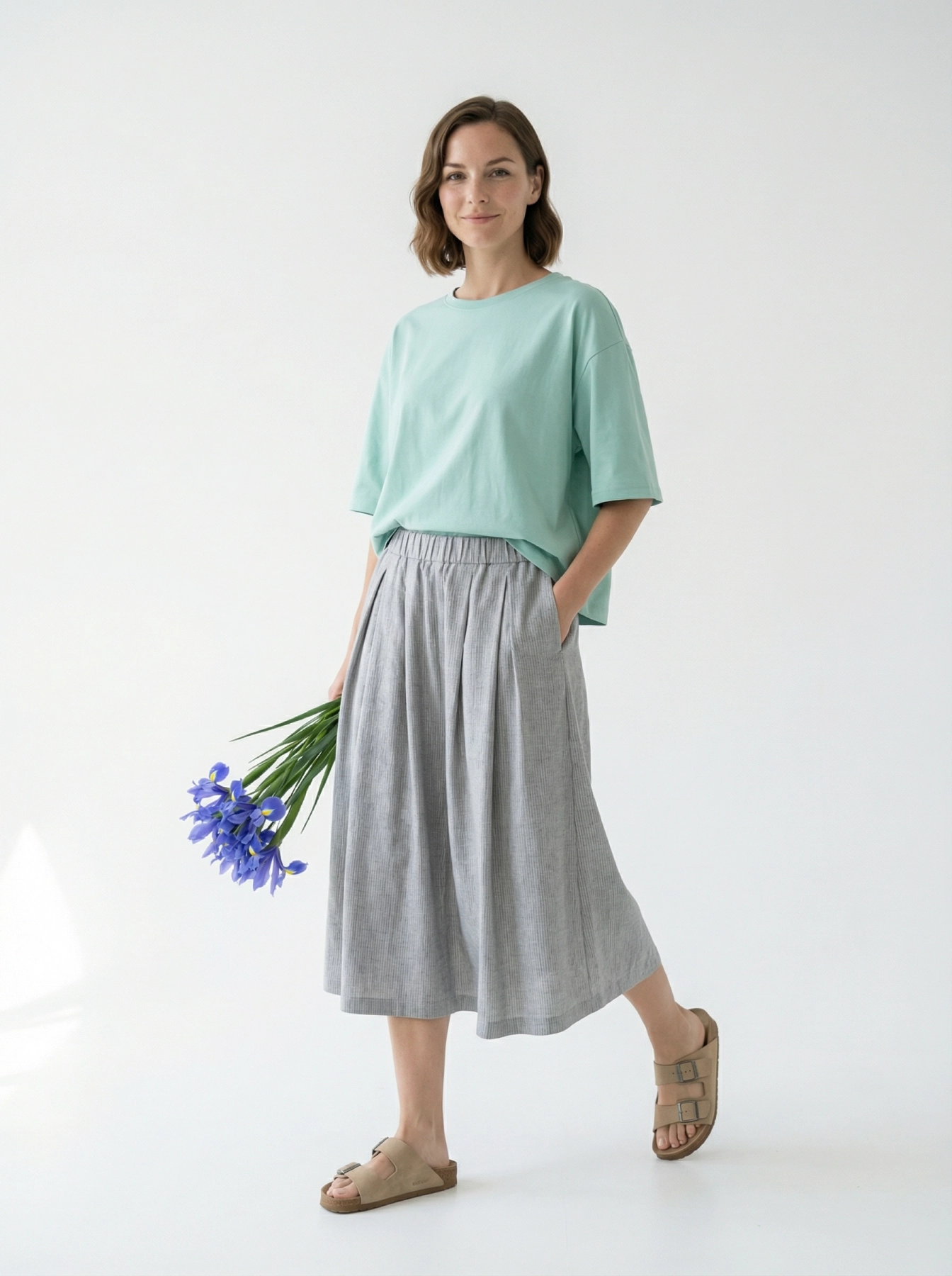 spódnica midi z zakładkami z przodu na gumie, len z wiskozą, minimalistyczny fason