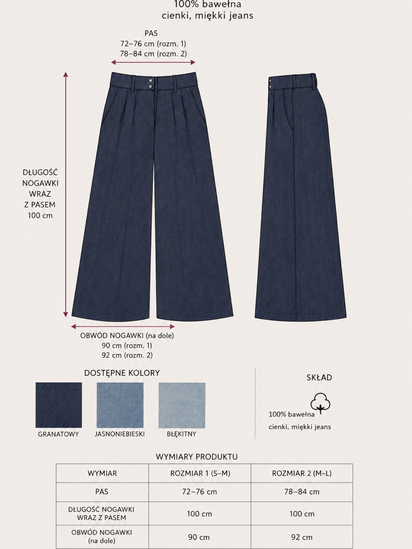 Modelka w szerokich granatowych spodniach MARINO DENIM z cienkiego jeansu 100% bawełna.