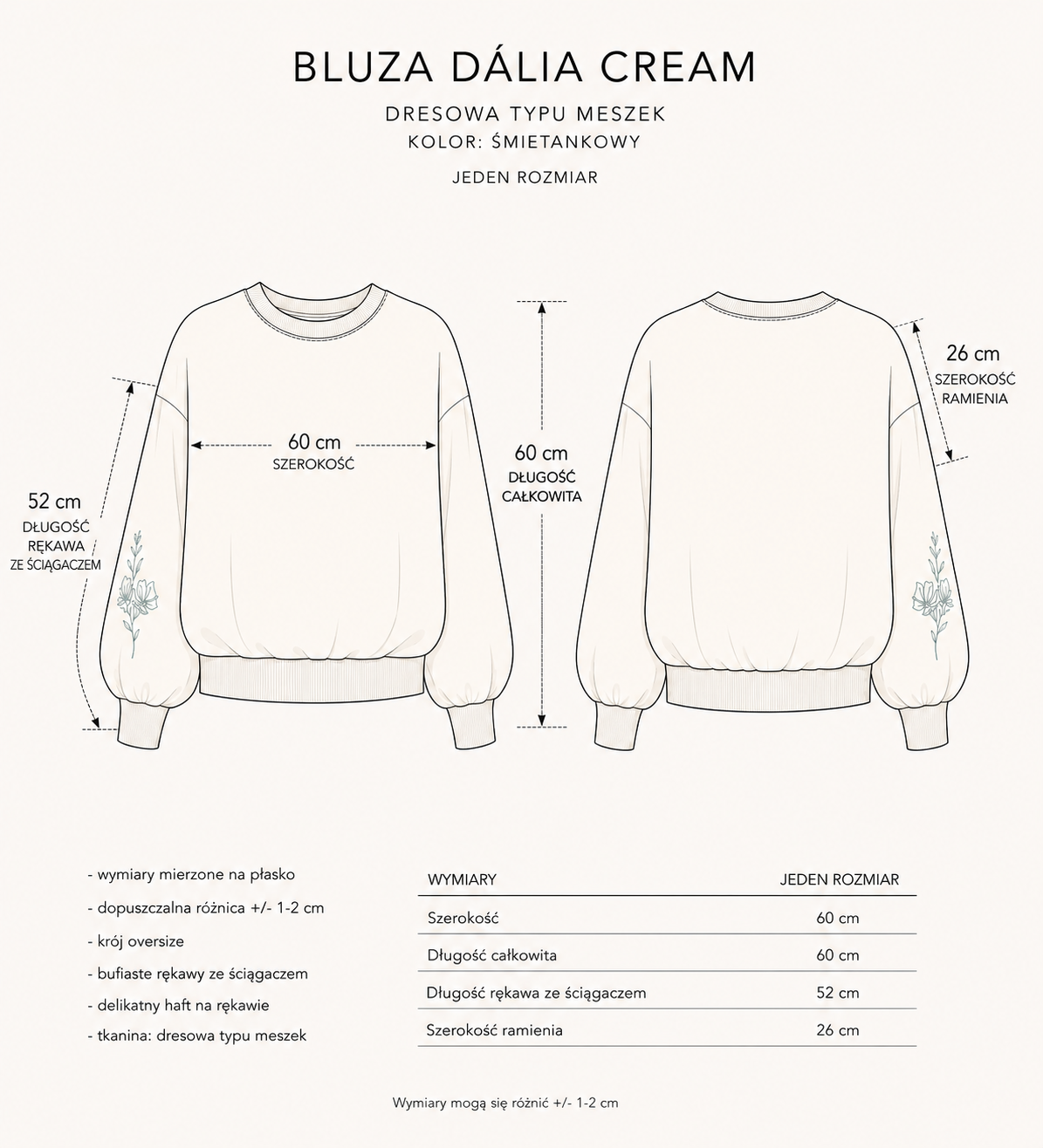 Śmietankowa bluza oversize z haftem na rękawie i bufiastymi rękawam