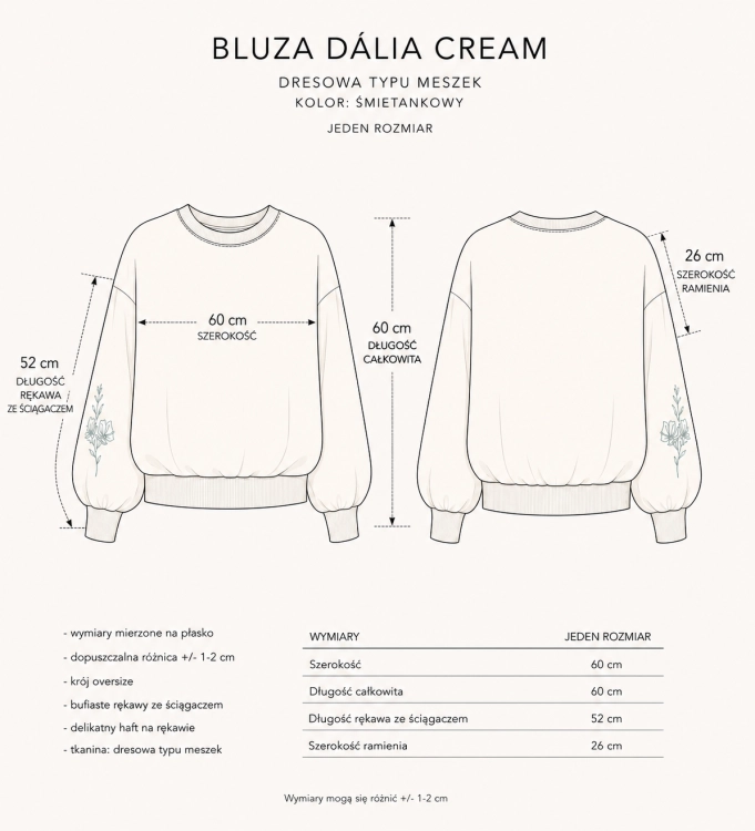 Śmietankowa bluza oversize z haftem na rękawie i bufiastymi rękawam