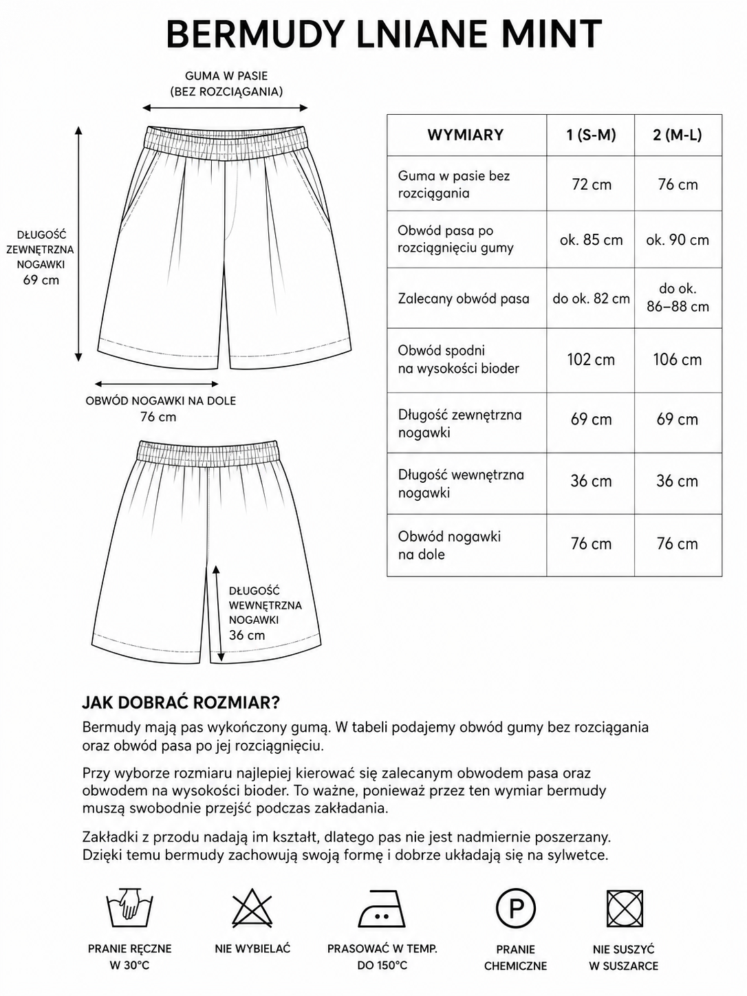 BERMUDY LNIANE MINT ze 100% lnu, z szeroką nogawką, gumą w pasie i zakładkami z przodu.