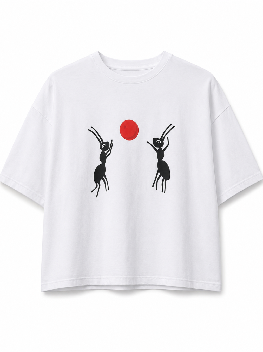 Biały T-SHIRT ANTS ze 100% bawełny z autorskim nadrukiem dwóch czarnych mrówek i czerwonej kropki na przodzie