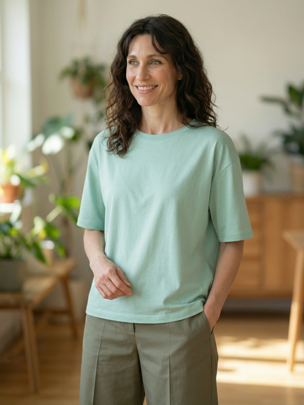 Modelka w miętowej BLUZCE MINT o swobodnym, lekko oversize’owym fasonie i krótkim rękawie.