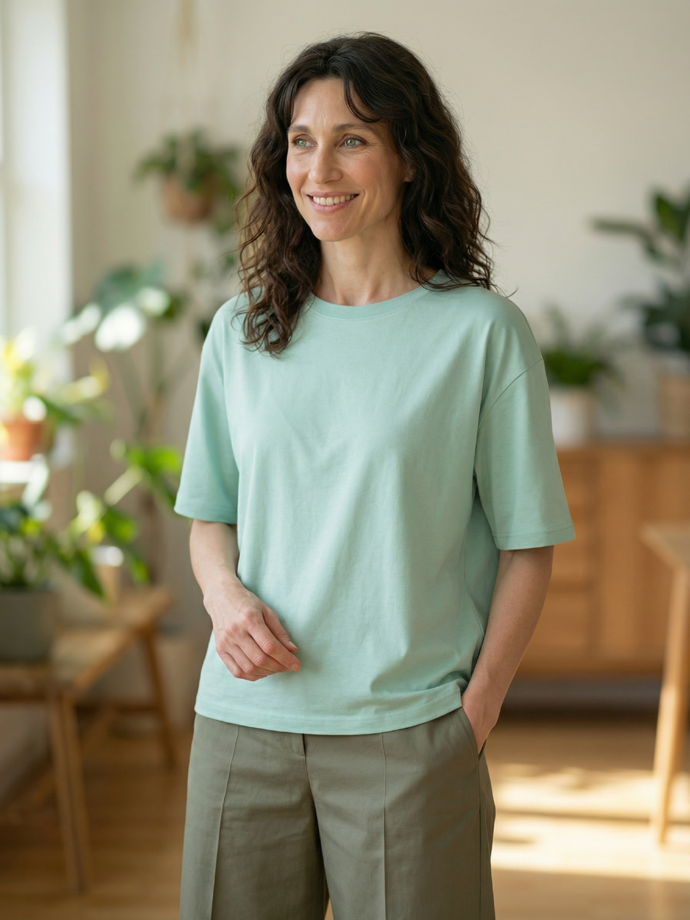 Modelka w miętowej BLUZCE MINT o swobodnym, lekko oversize’owym fasonie i krótkim rękawie.