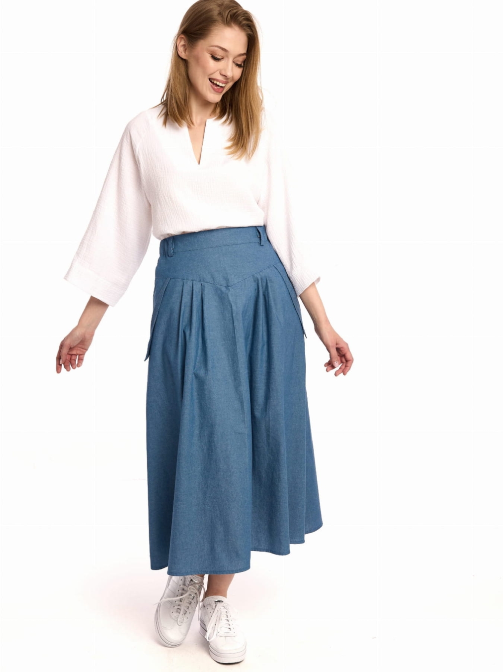 Spódnica Midi w Stylu Retro w kolrze jasnego jeansu