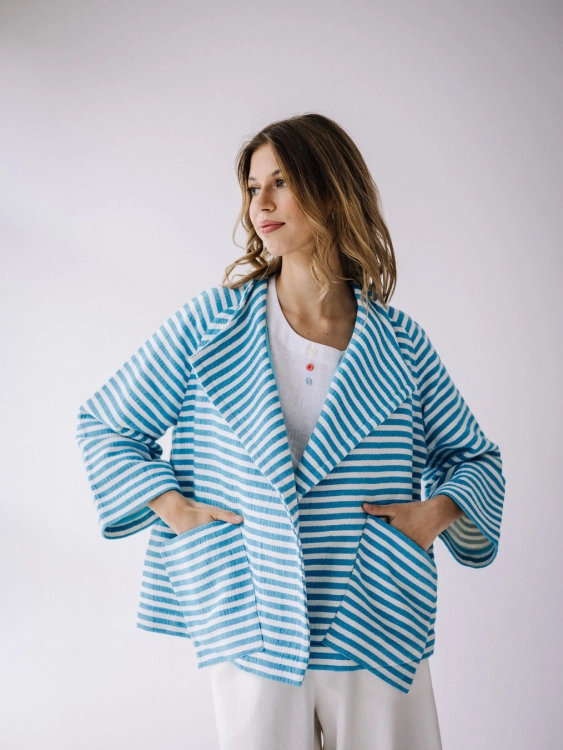 Bawełniane Kimono "Mykonos" z Biało-Niebieskimi Paskami